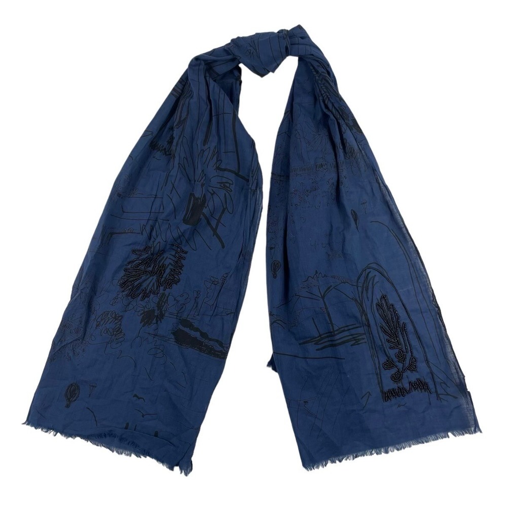 Paul Smith Blue Black Sketched Pattern Beaded Cotton Womens Scarf Fringe Trim